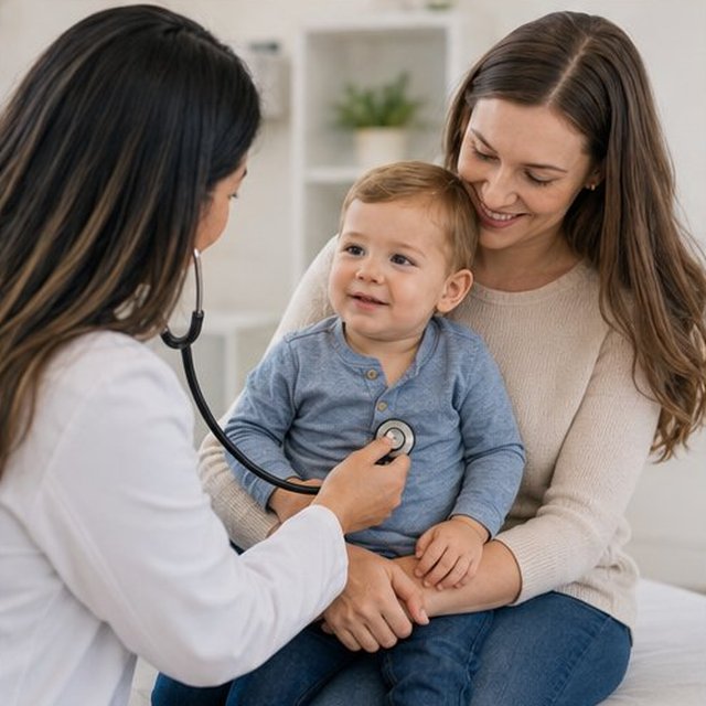 A doctor caring for a young child with their parent
